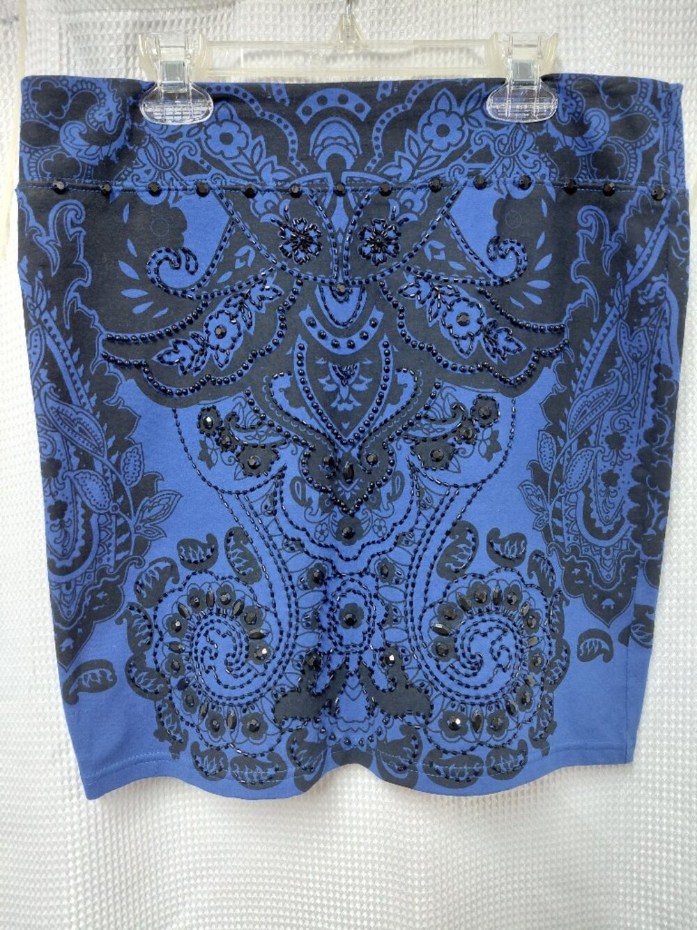 Basil & Maude Y2K Boho Embellished Paisley Mini Skirt Blue Black Beaded Size S